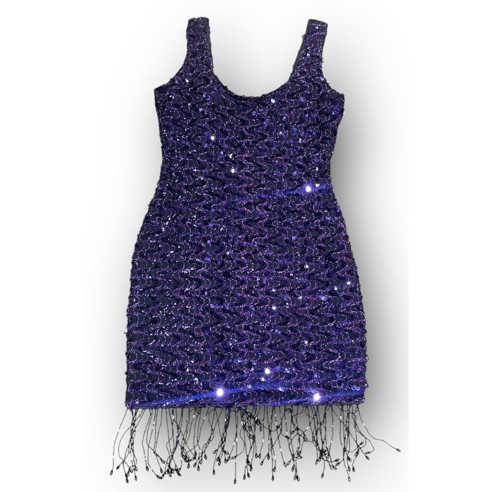 Vtg David Howard Climax Karen Okada Sz‎ 11 Purple Sequin Fringe Mini Dress Party